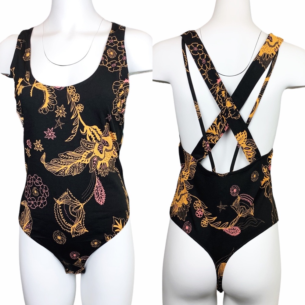 Free People Floral Black & Gold Bodysuit Large - Picture 2 of 14